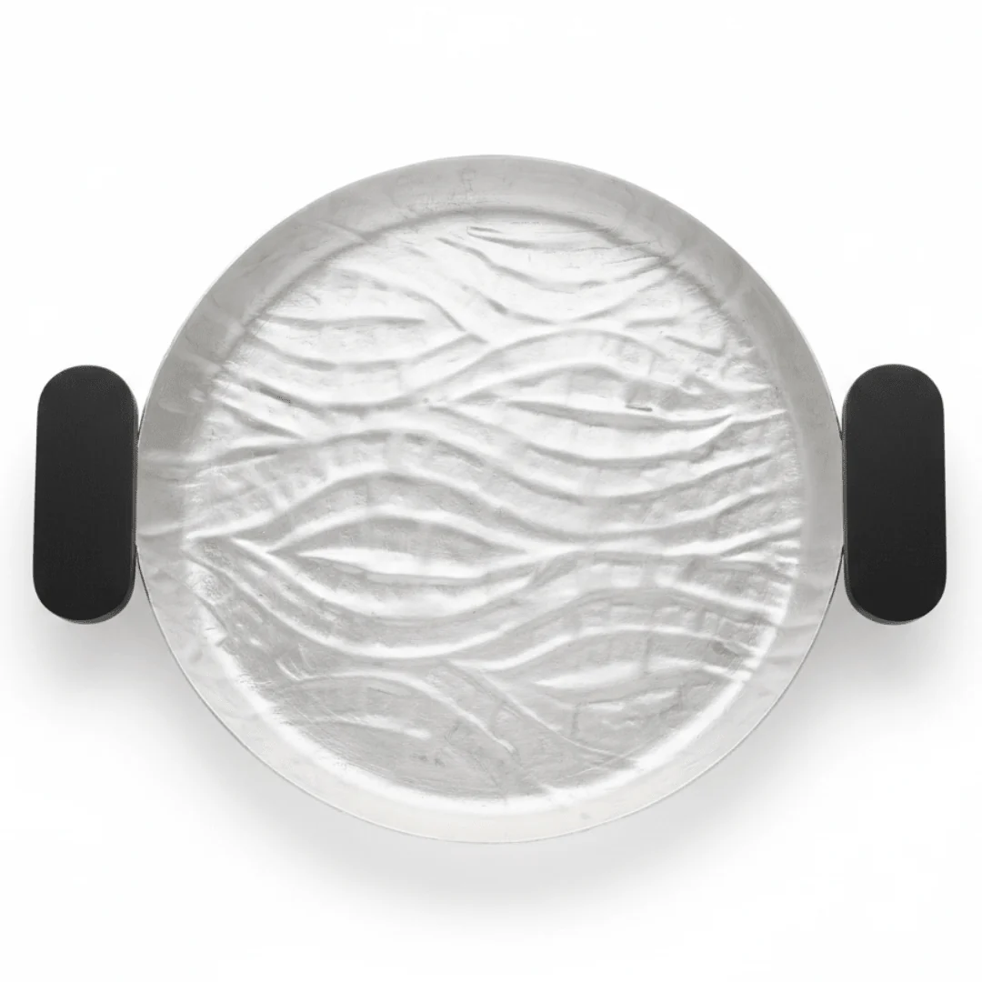 Luhpar Wave Textured Aluminum Round Tray with Black Wooden Handles - 35cm - 74895-C