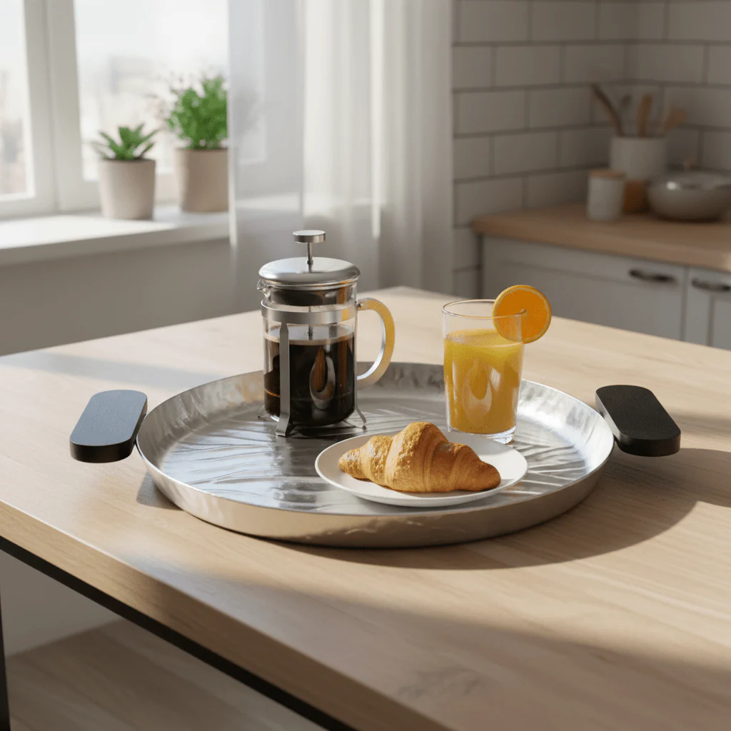 Luhpar Wave Textured Aluminum Round Tray with Black Wooden Handles - 35cm - 74895-C - Image 3