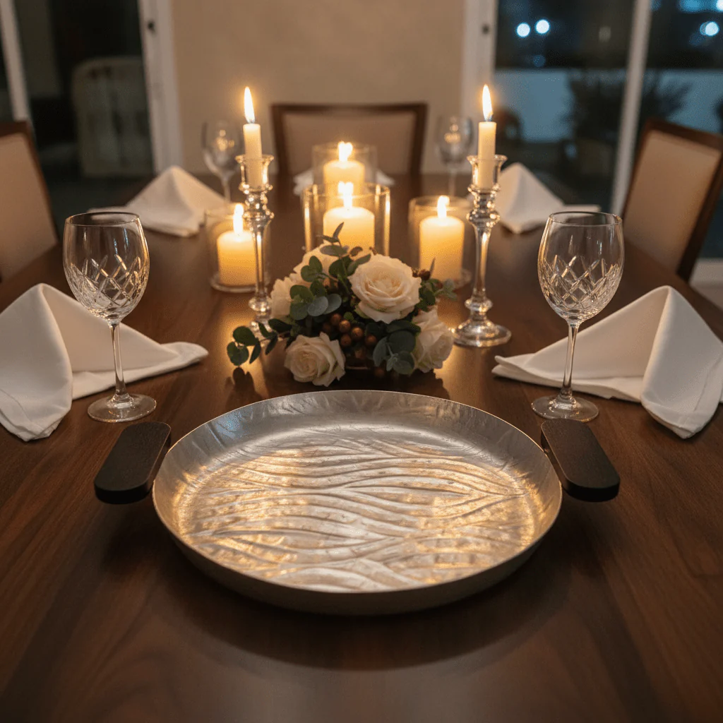 Luhpar Wave Textured Aluminum Round Tray with Black Wooden Handles - 35cm - 74895-C - Image 4