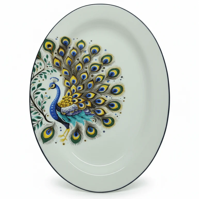 Luhpar White Ceramic Oval Plate 12 Inch with Peacock Design
