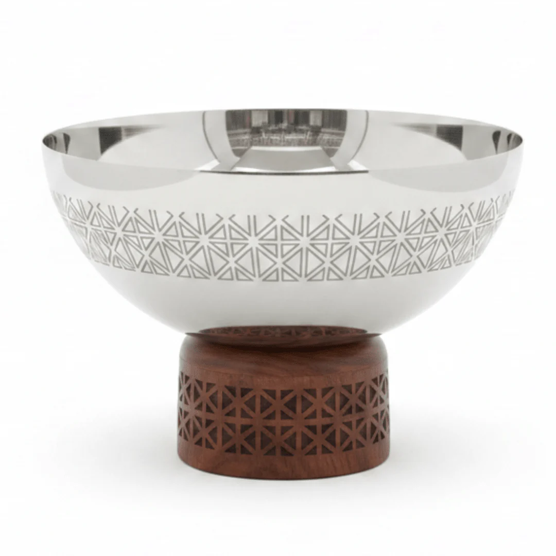 Luhpar Brown Wooden Footed Silver Stainless Steel Serving Bowl - 13×18 cm