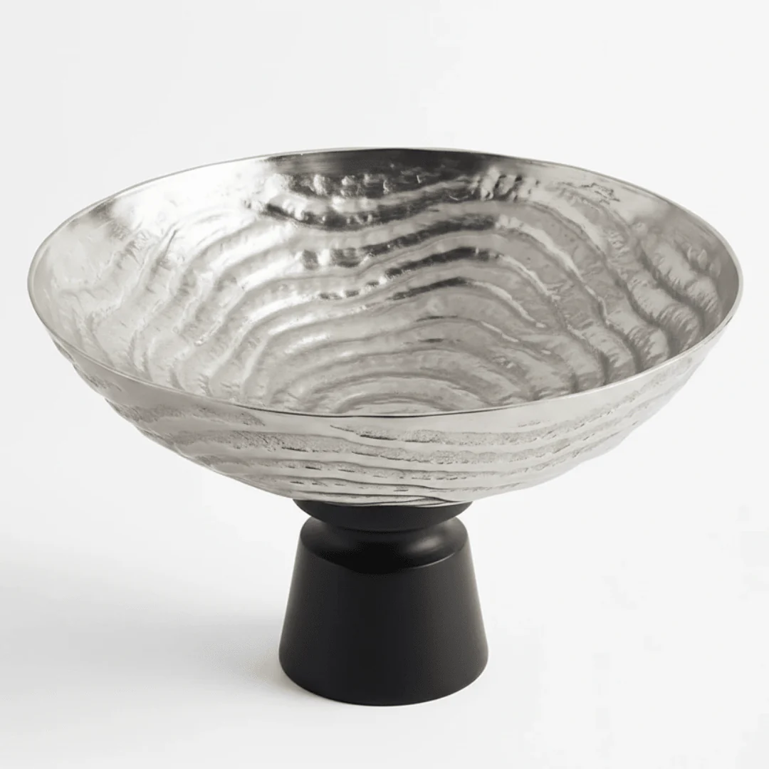 Luhpar Wave Textured Aluminium Round Bowl with Black Wooden Base - 18×20 cm - 74901-A