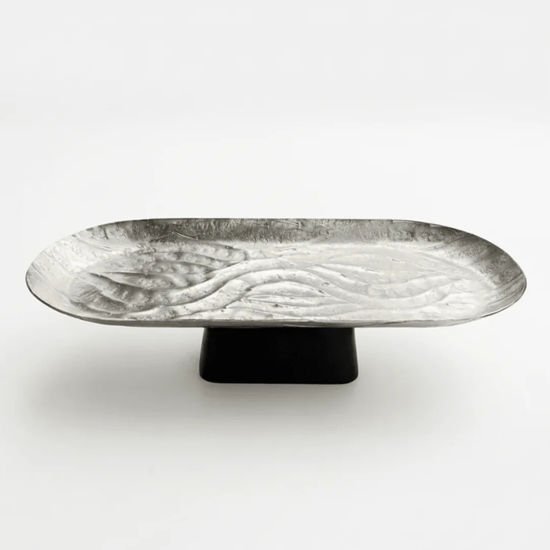 Luhpar Wave Textured Aluminium Oval Pedestal Dish With Black Wooden Base – 40×18×10 cm - 74894-A