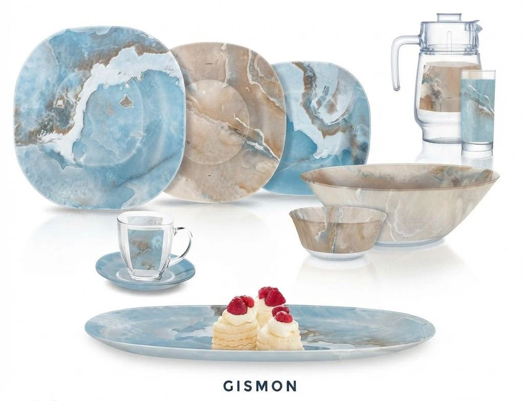 Luminarc Gismon 46-Piece Dinner Set – Marble-Effect Glass Tableware Collection