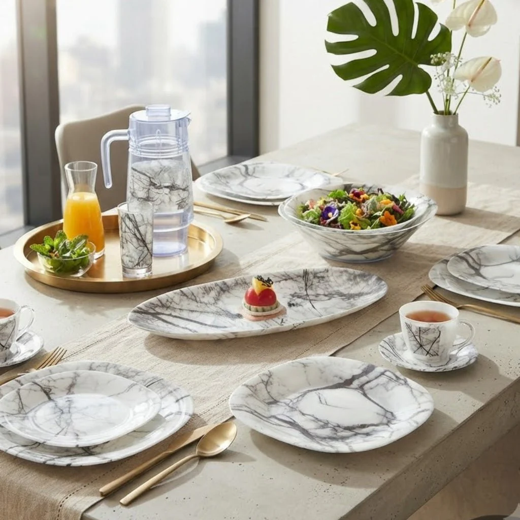 Luminarc Marble White 46-Piece Dinner Set - Tempered Glass Dinnerware Collection - Image 7