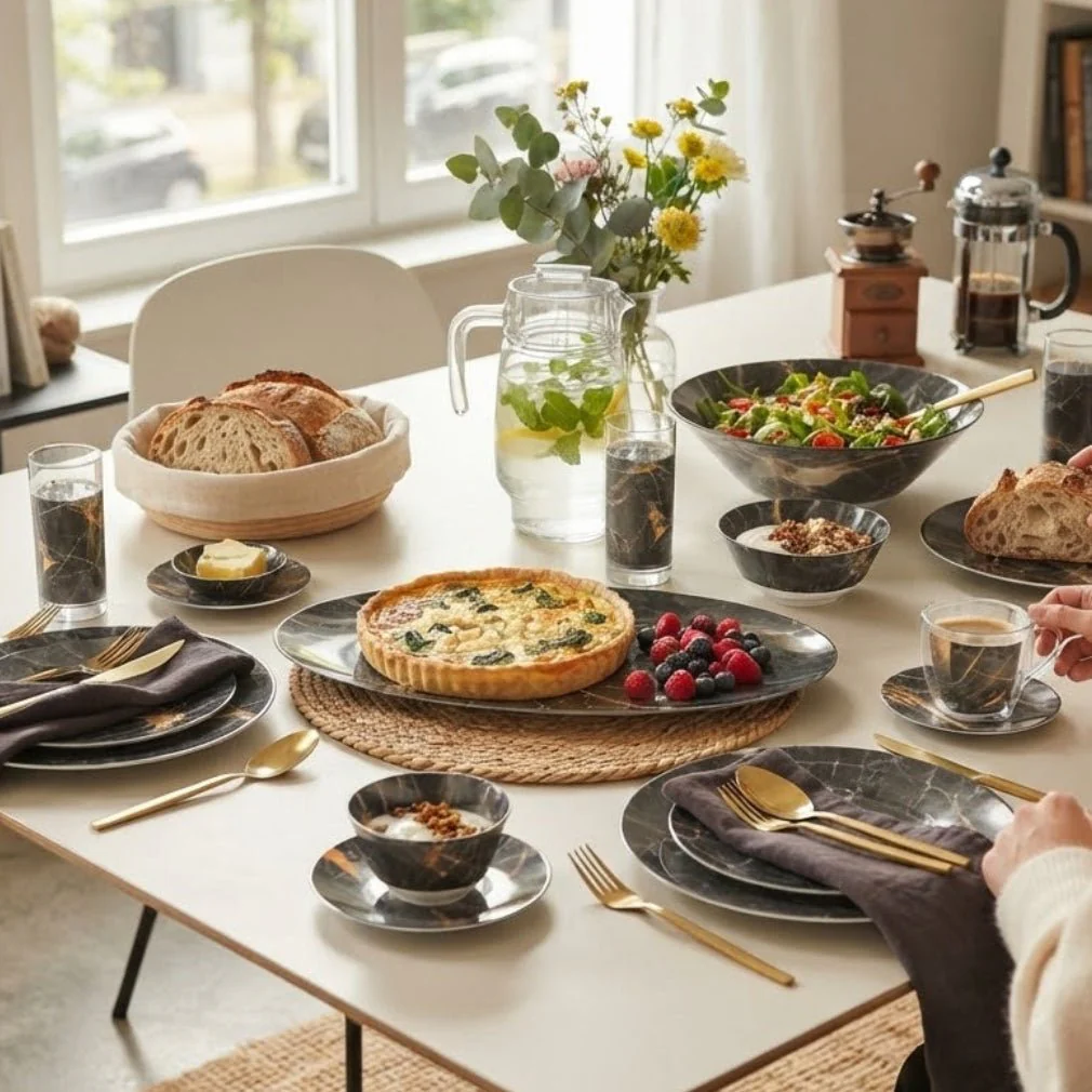 Luminarc Ruggi 46-Piece Tempered Glass Dinner Set – Black Marble Design - Image 6