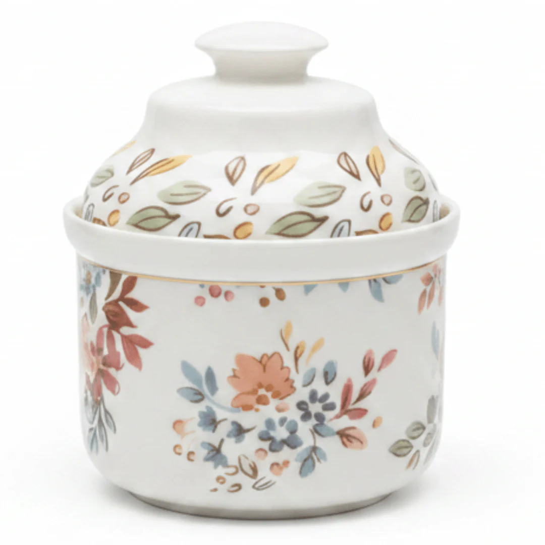 Luhpar Floral White Ceramic Sugar Pot with Decorative Lid for Tea, Coffee and Table Serving – 10 cm