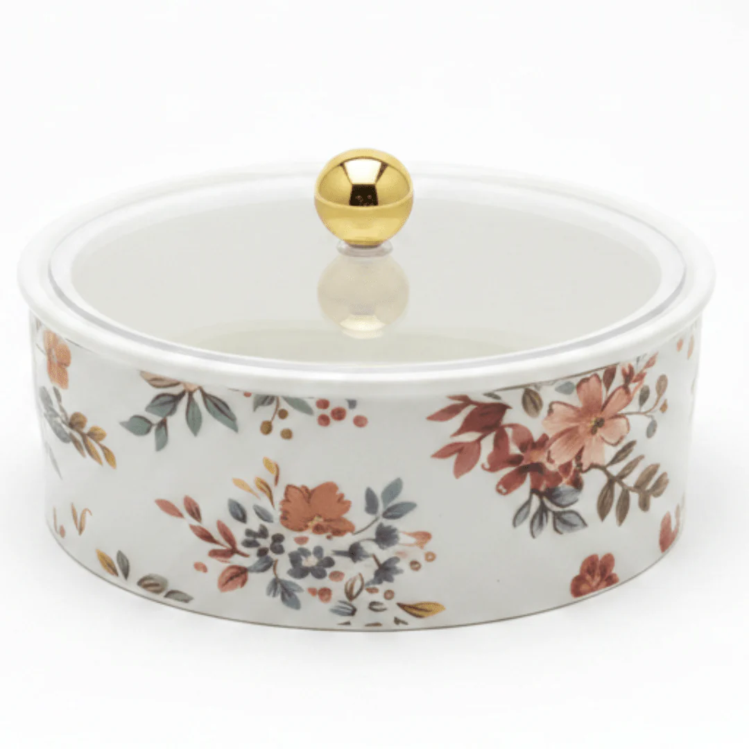 Luhpar Oval Ceramic Dates Serving Bowl with Floral Design and Transparent Acrylic Lid for Storage – 15×15 cm