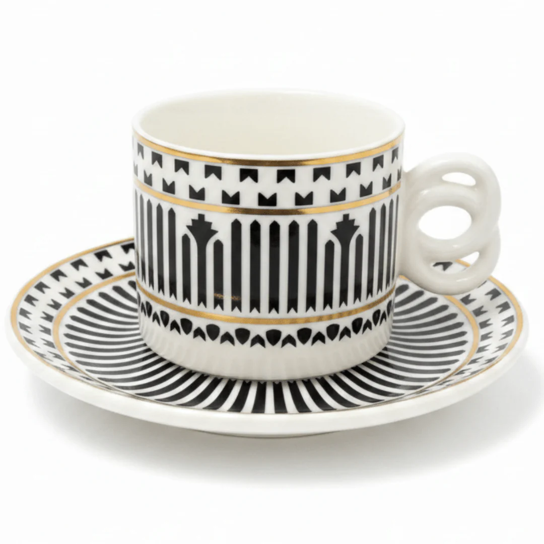 Luxehome Classic Duo Ceramic Cup & Saucer Set – Stylish White & Black Pattern Tea & Coffee Cup Set for Home, Office & Gifting – 160 ml
