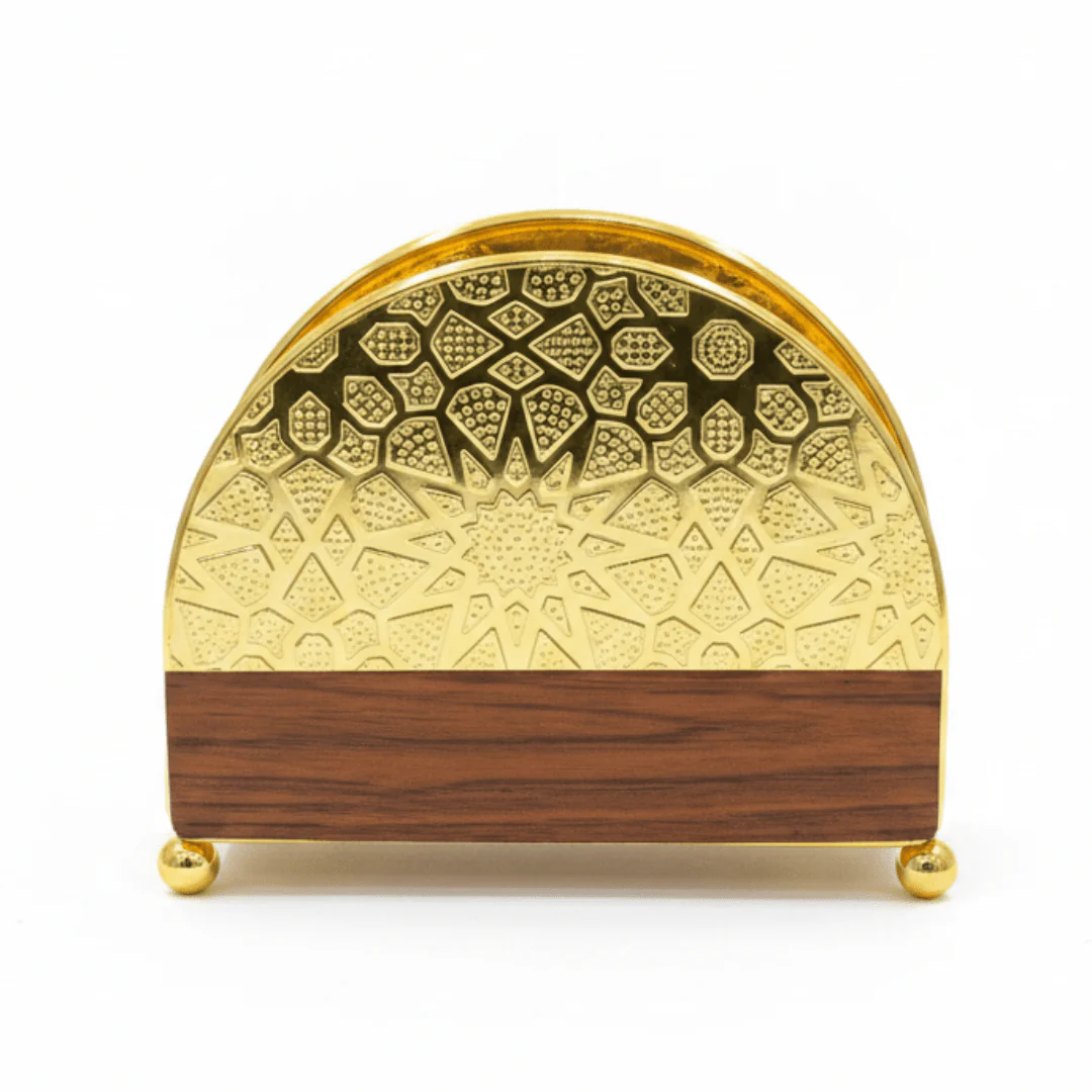 Luxury Gold & Brown Metal Napkin Holder with Islamic Geometric Engraving | Decorative Wooden Base Tissue Holder | Elegant Table Organizer | 10×13cm