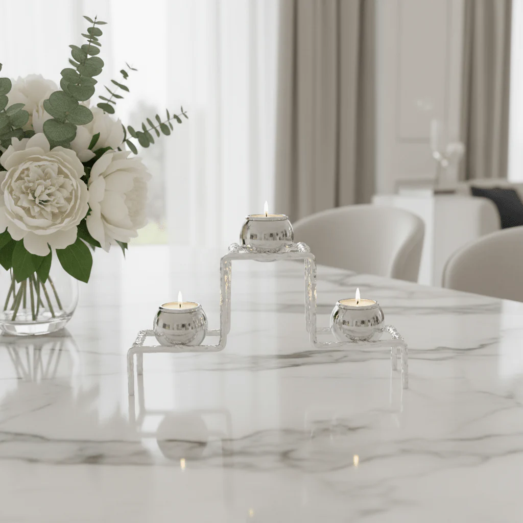 Luxury Silver & White Elegant 3-Way Metal Candle Holder for Premium Table Décor – 20cm - Image 3