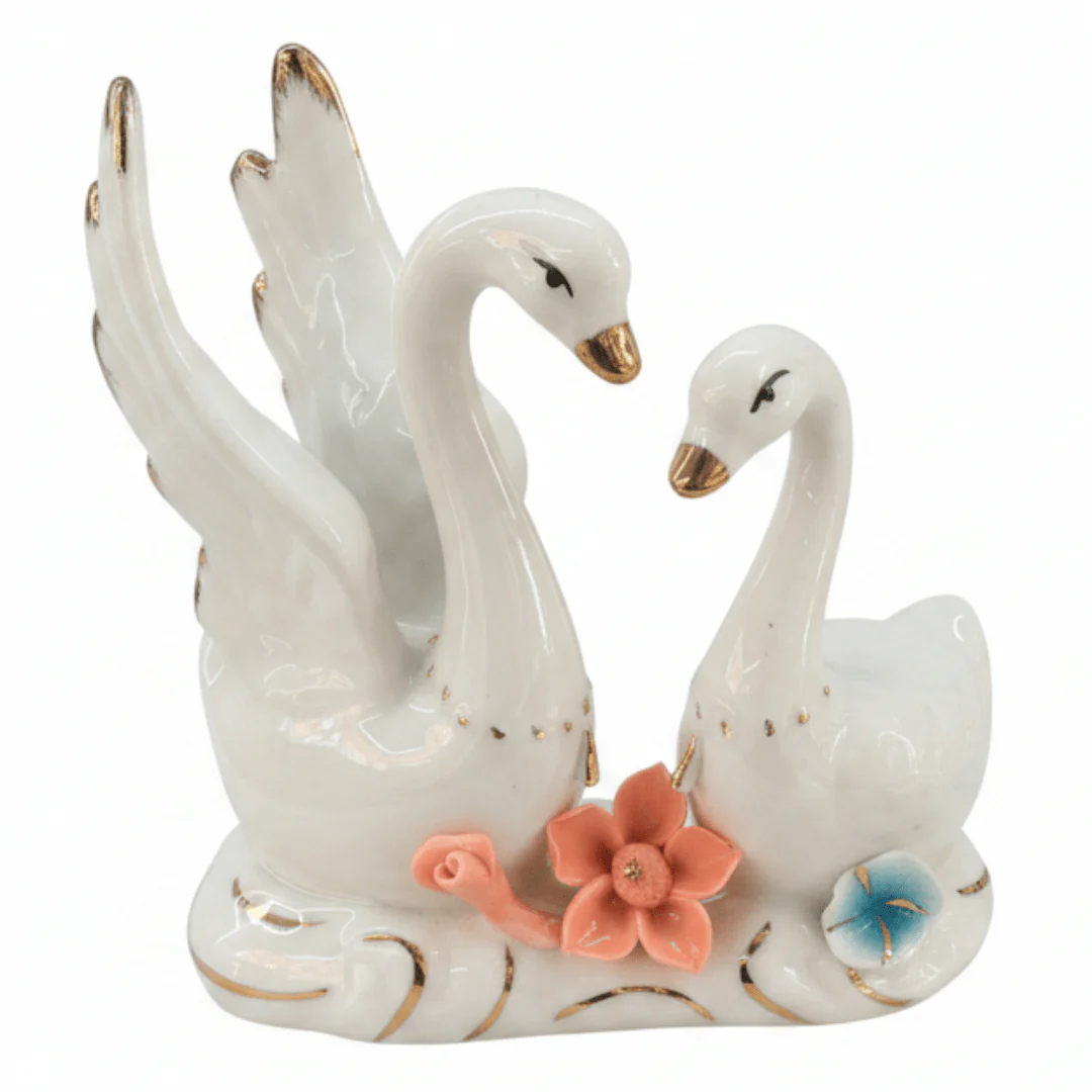Luxury White Ceramic Swan Table Décor with Multicolour Floral Artwork for Home Decoration – 12×14cm