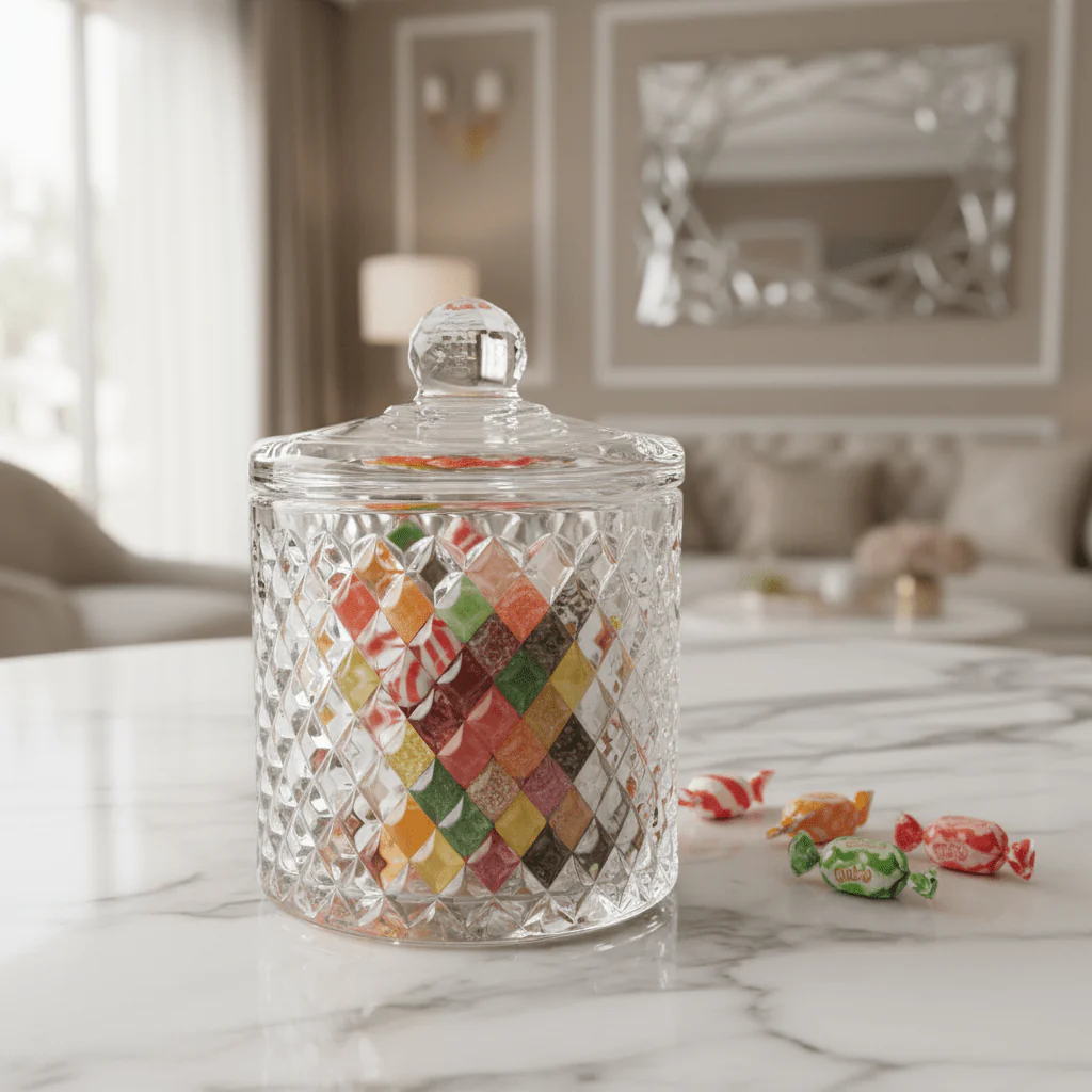 M.E.W Crystal Diamond Cut Glass Candy Pot with Lid 10.5 × 14.5 cm - Image 3
