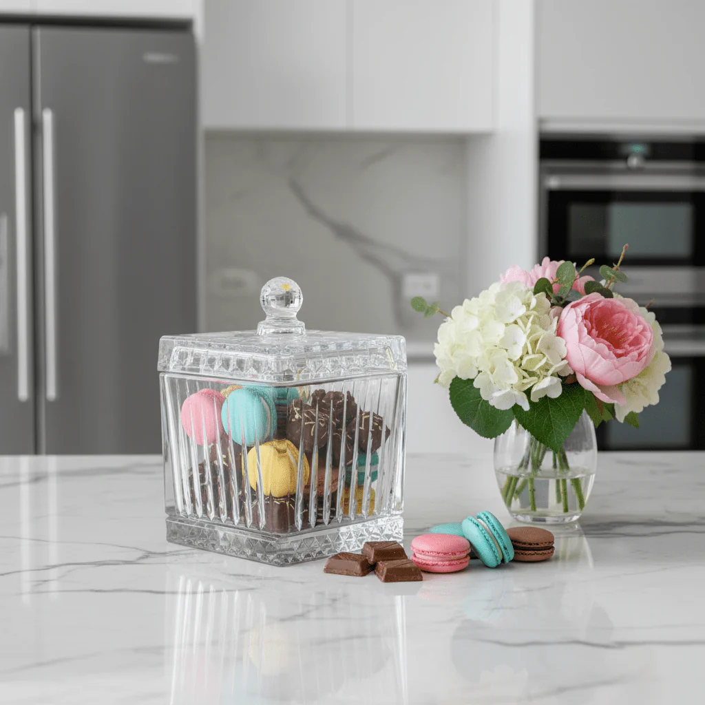 M.E.W Crystal Glass Square Candy Pot with Lid - 14×18.8 cm - Image 3