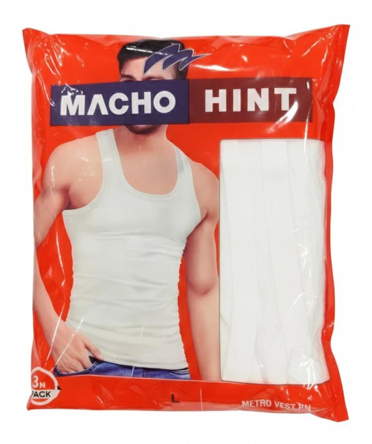 Machohint Men’s Classic Cotton Vest – Soft Innerwear for Daily Use, White, Size L (Pack of 3)