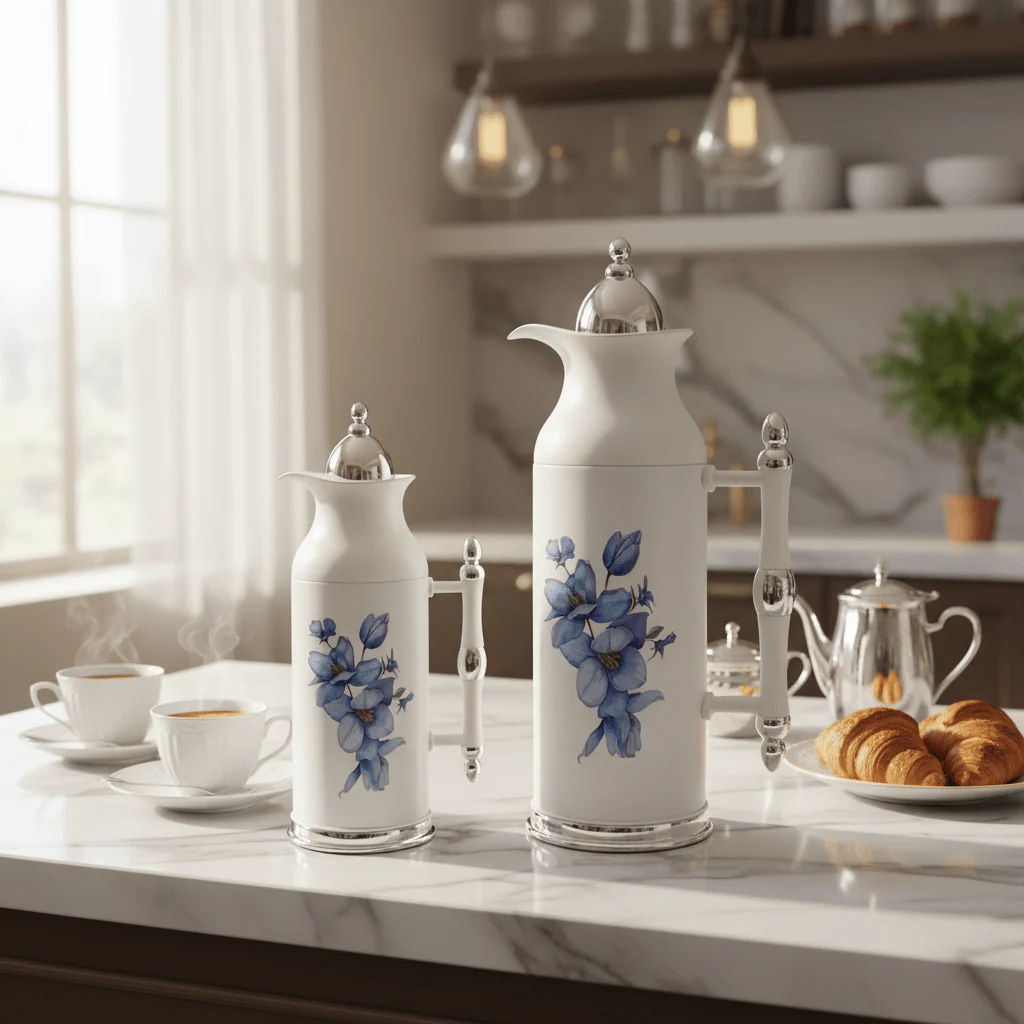 Mahra Elegant Vacuum Flask Set – 2 Pieces (0.7 & 1 Litre), White with Silver Accent - Image 2
