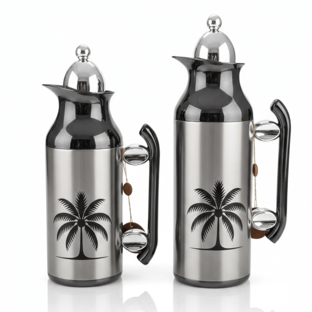 Mahra Stainless Steel Vacuum Flask Set | 1L + 0.7L | Silver & Black Palm Edition