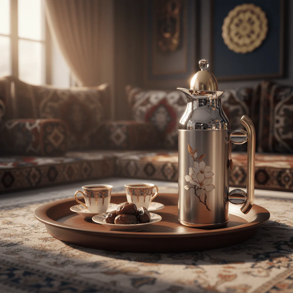 Mahra Vacuum Flask Set | 1L + 0.7L | Silver with Gold & Magnolia - Image 2