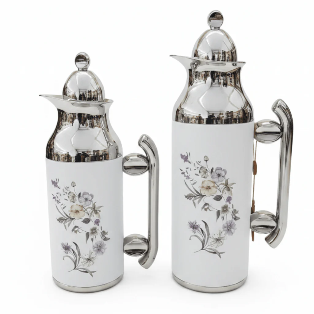 Mahra Vacuum Flask Set | 1L + 0.7L | White & Silver | Floral Edition