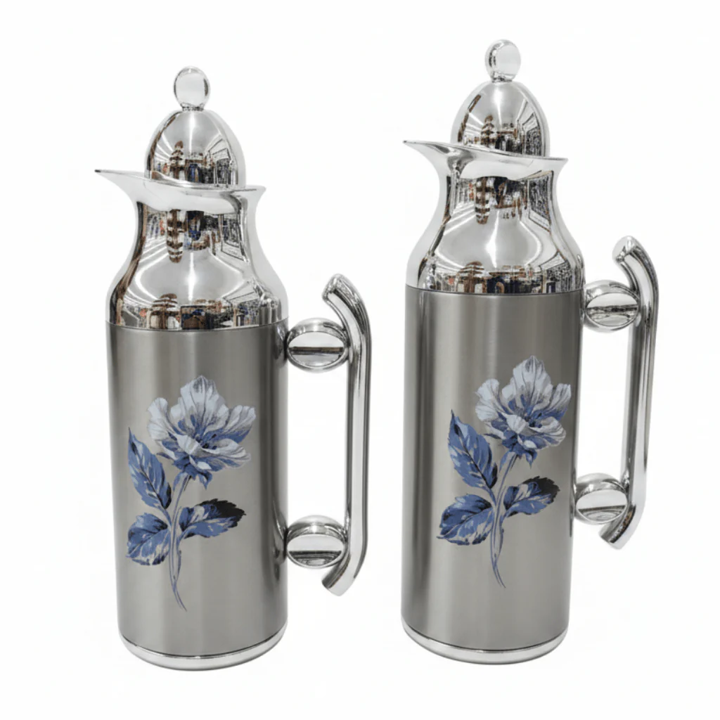 Mahra Vacuum Flask Set | 1L + 0.7L | Silver Floral Edition