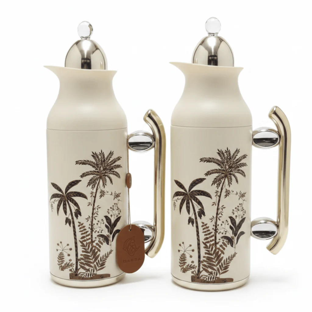 Mahra Vacuum Flask Set | 1L + 0.7L | Beige & Gold Palm Edition