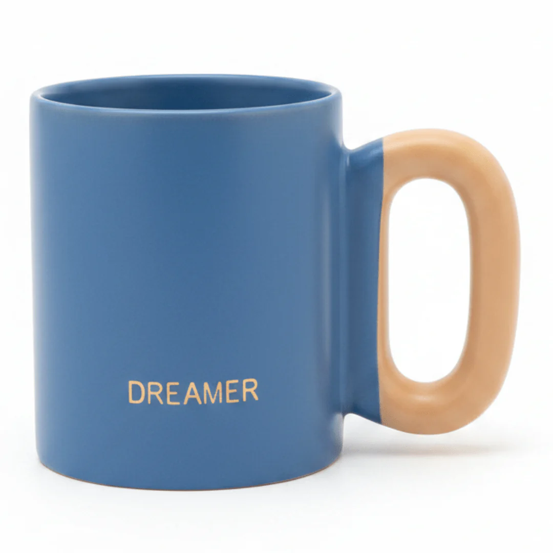 DREAMER Matte Blue Ceramic Mug with Peach Handle — 300ml