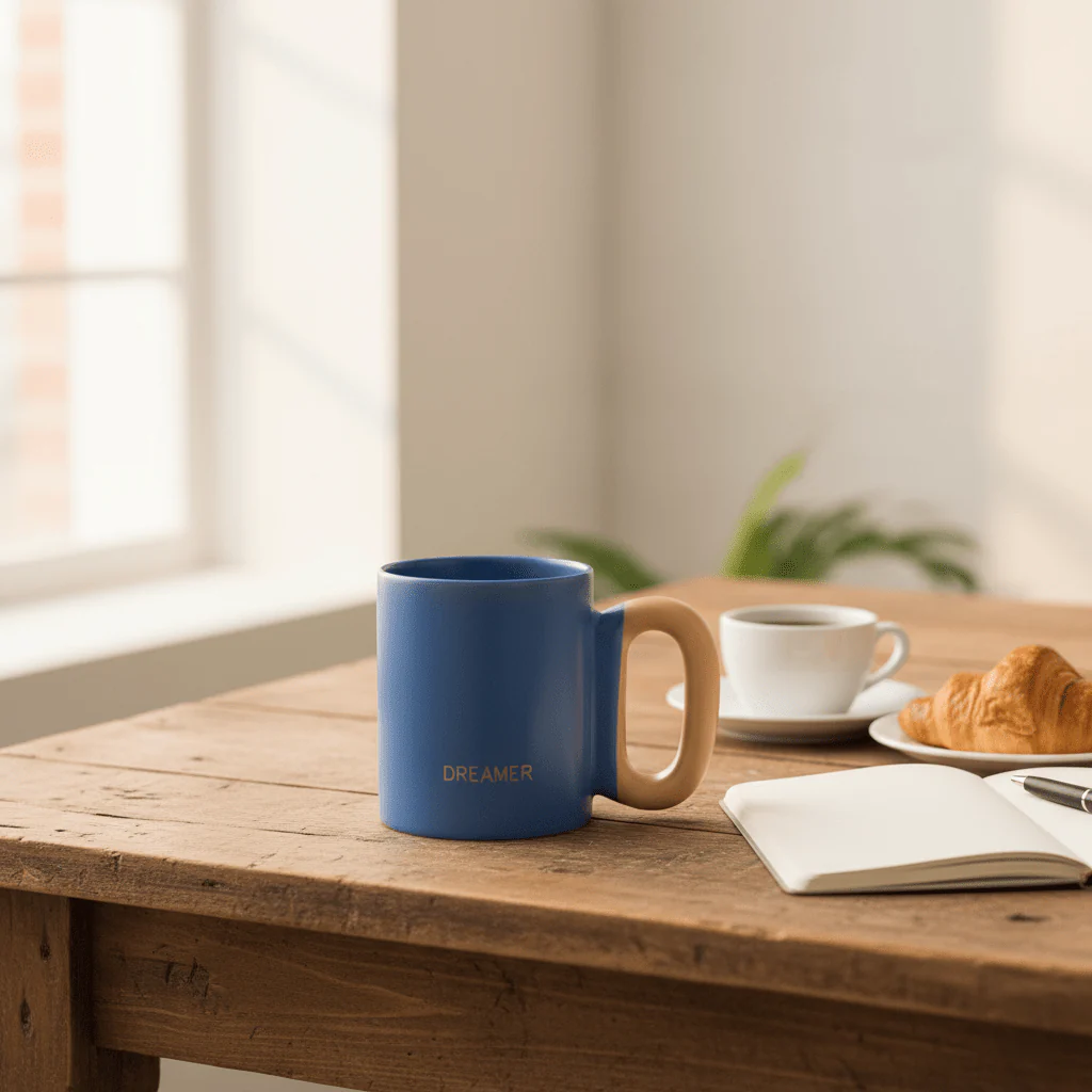 DREAMER Matte Blue Ceramic Mug with Peach Handle — 300ml - Image 2