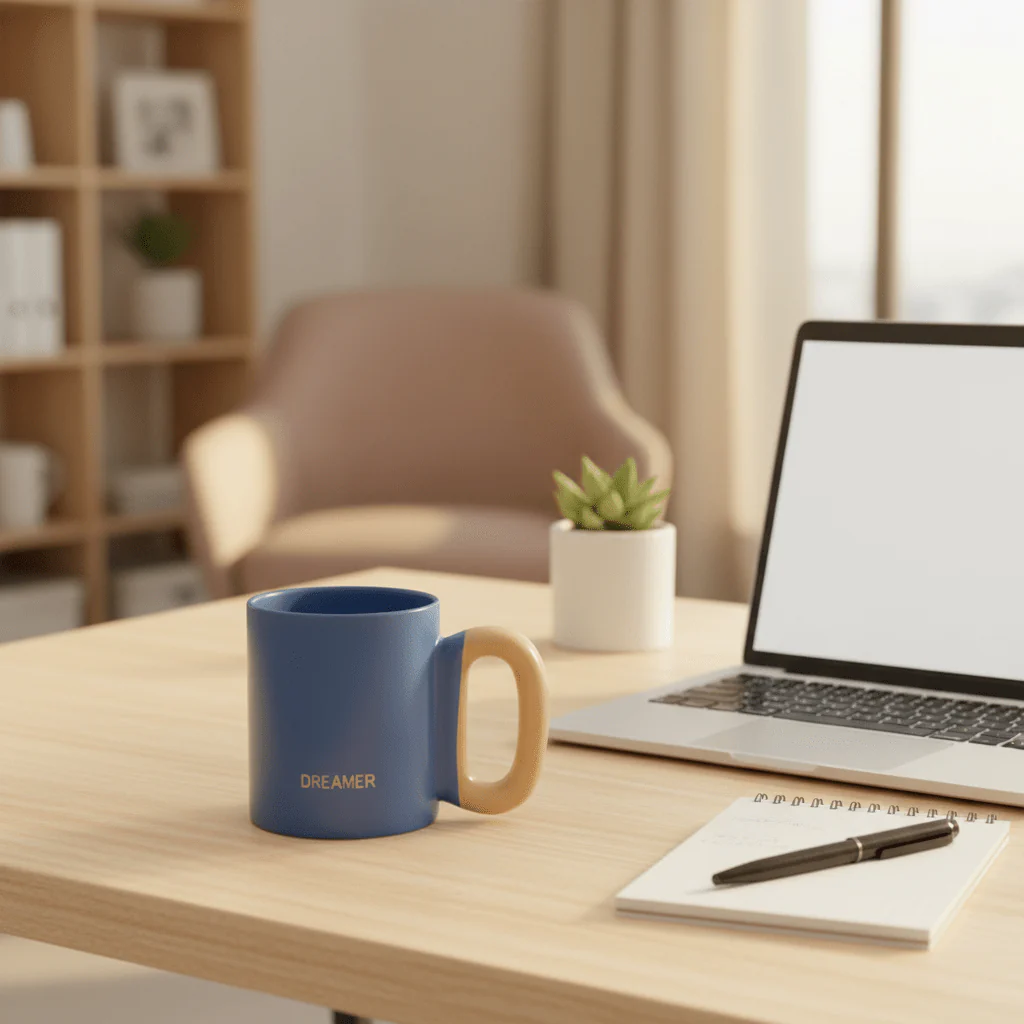 DREAMER Matte Blue Ceramic Mug with Peach Handle — 300ml - Image 3