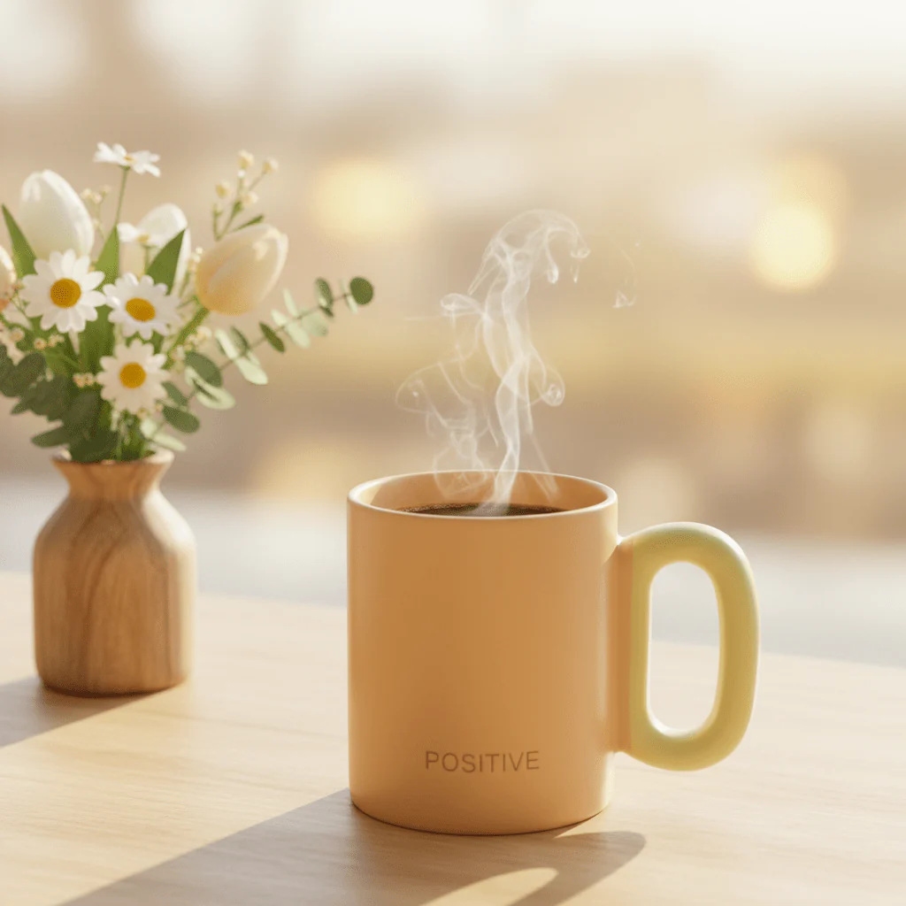POSITIVE Matte Peach Ceramic Mug | 300ml | Yellow Handle - Image 2
