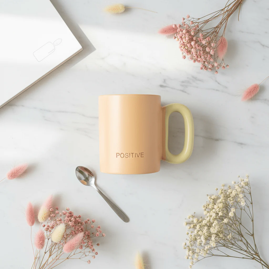 POSITIVE Matte Peach Ceramic Mug | 300ml | Yellow Handle - Image 3