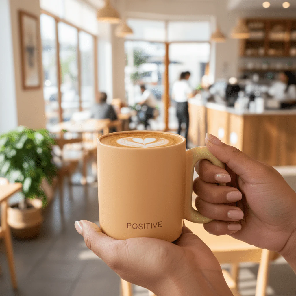 POSITIVE Matte Peach Ceramic Mug | 300ml | Yellow Handle - Image 4