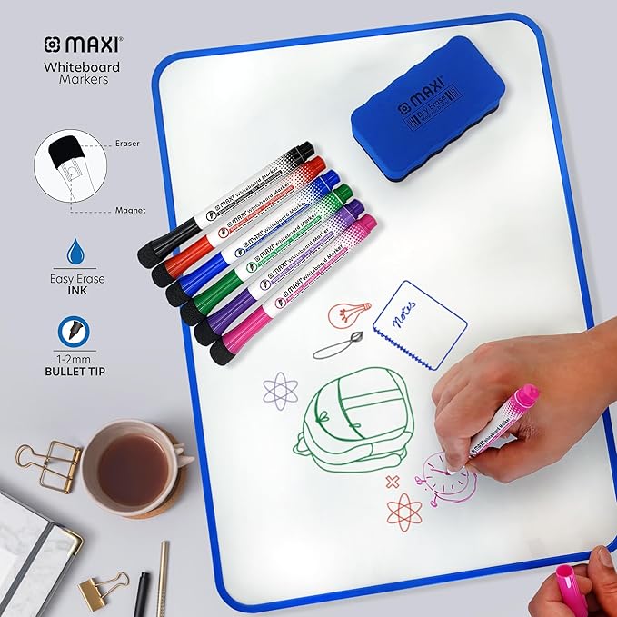 MAXI 2 Sided Blue Whiteboard A4 + 4pcs Colour Markers + 1pc Duster