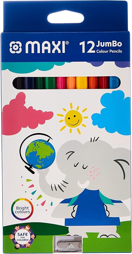 Maxi Jumbo Jumbo Ergonomic Triangular Coloured Pencils 12 Colour + Jumbo Sharpener In A Cardboard Box