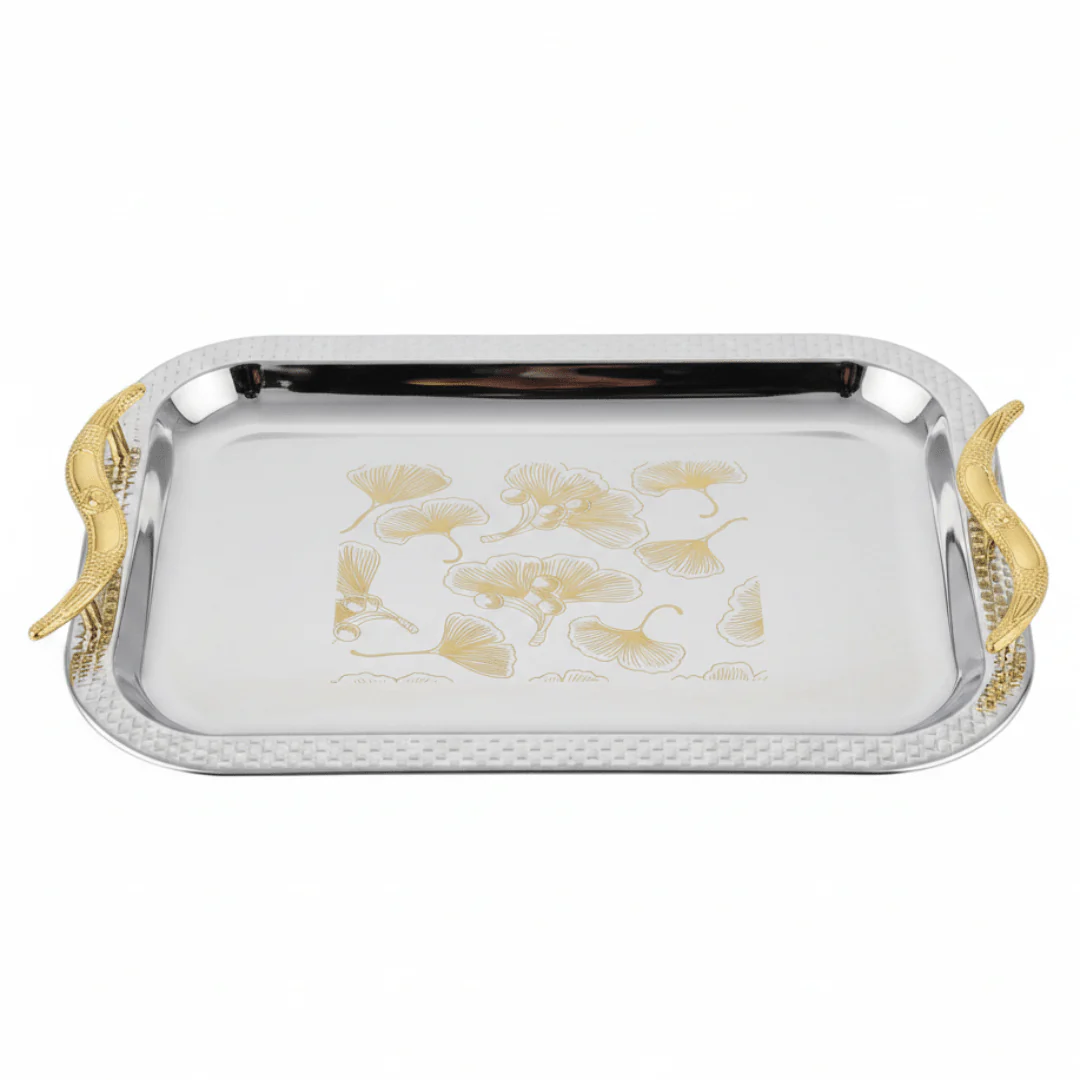 Maximan Luxury Silver & Gold Stainless Steel Serving Tray with Ornate Handles | 33.5 × 23.5 cm