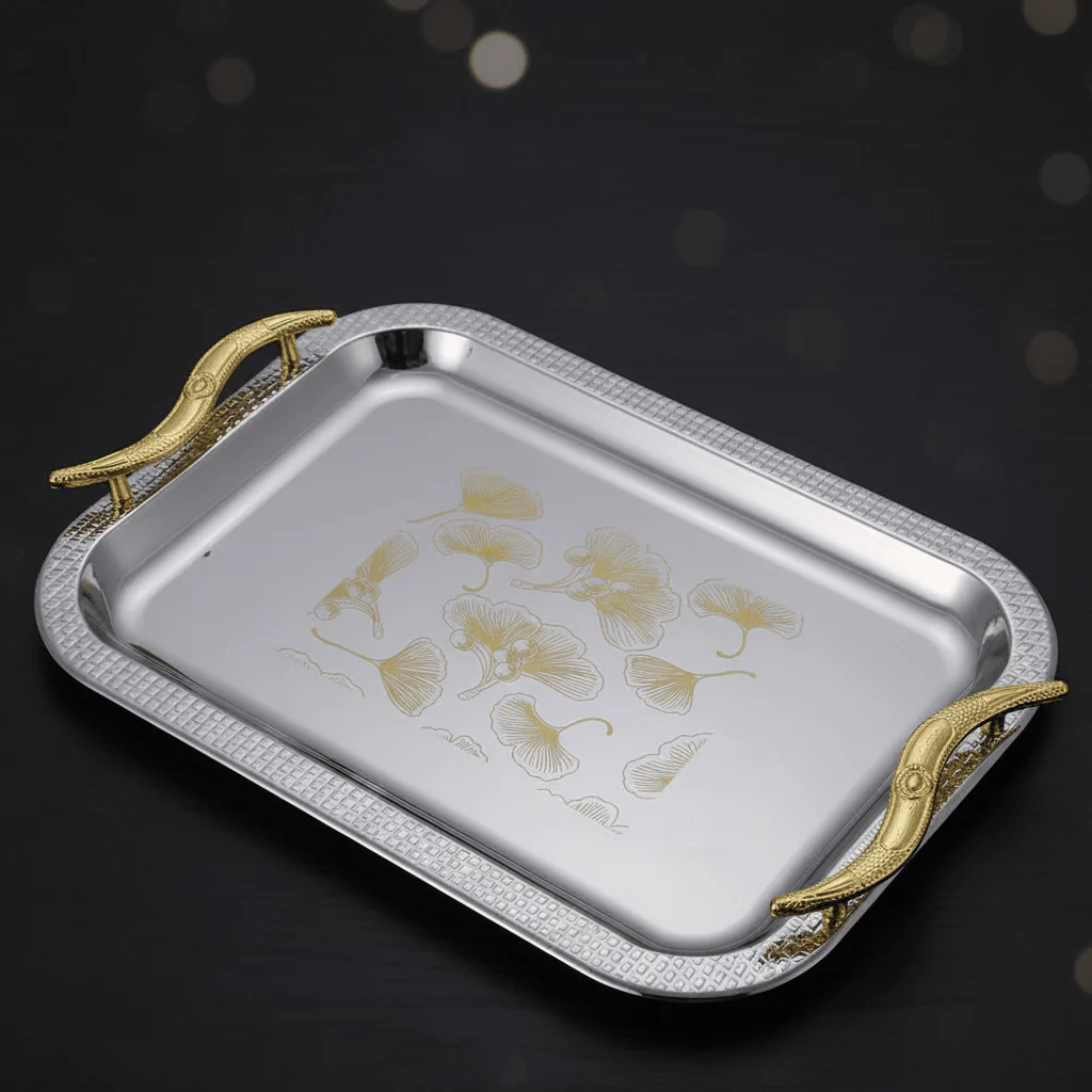 Maximan Luxury Silver & Gold Stainless Steel Serving Tray with Ornate Handles | 33.5 × 23.5 cm - Image 3