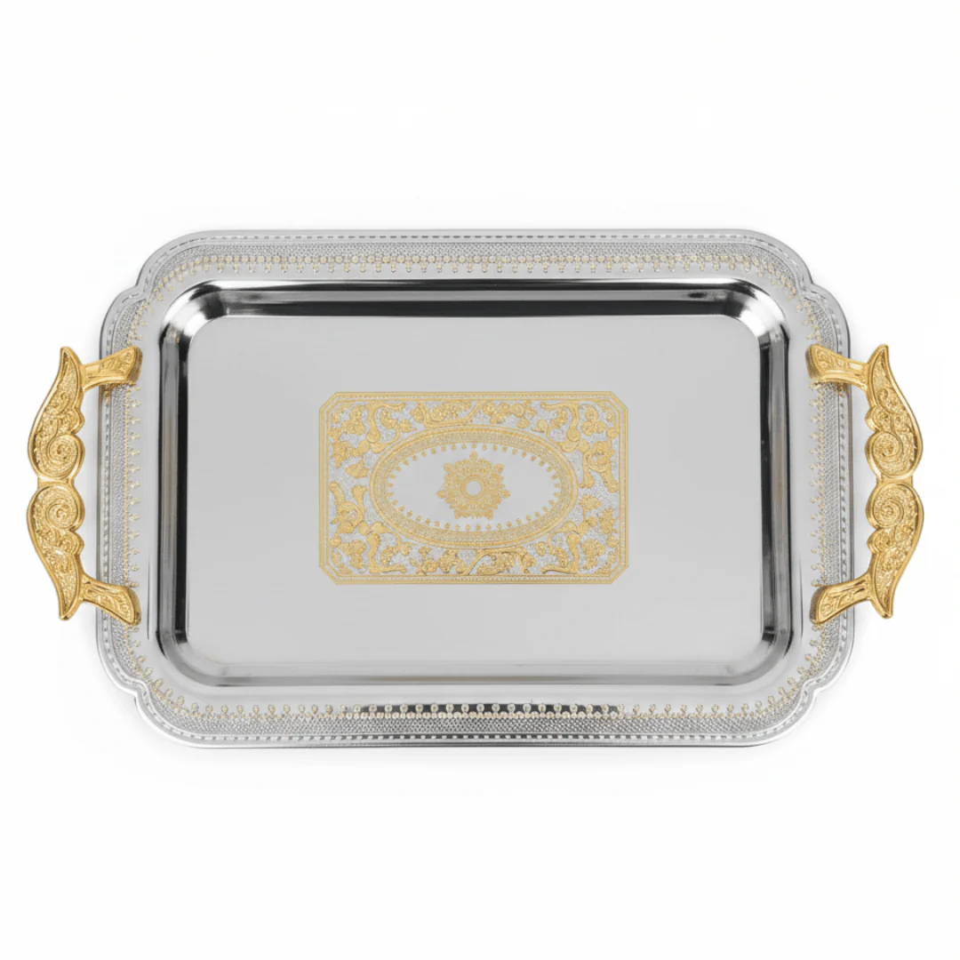 Maximan Luxury Silver & Gold Stainless Steel Serving Tray with Handles | 35.5 × 25 cm