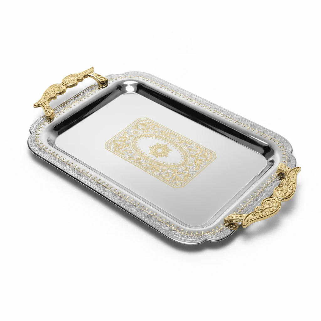 Maximan Luxury Silver & Gold Stainless Steel Serving Tray with Handles | 35.5 × 25 cm - Image 2