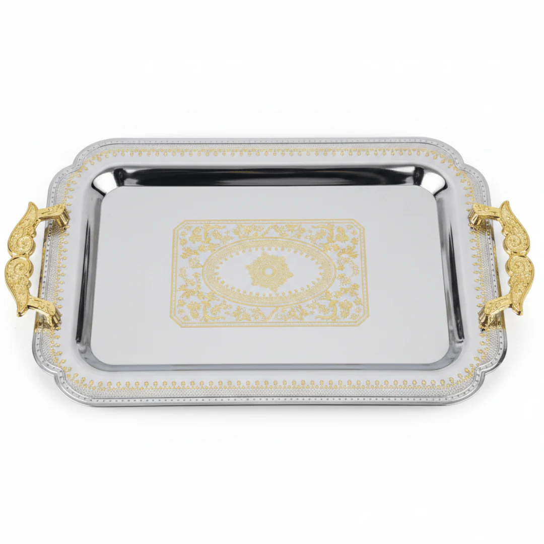 Maximan Silver & Gold Stainless Steel Serving Tray with Handles | 43.5 × 30 cm |