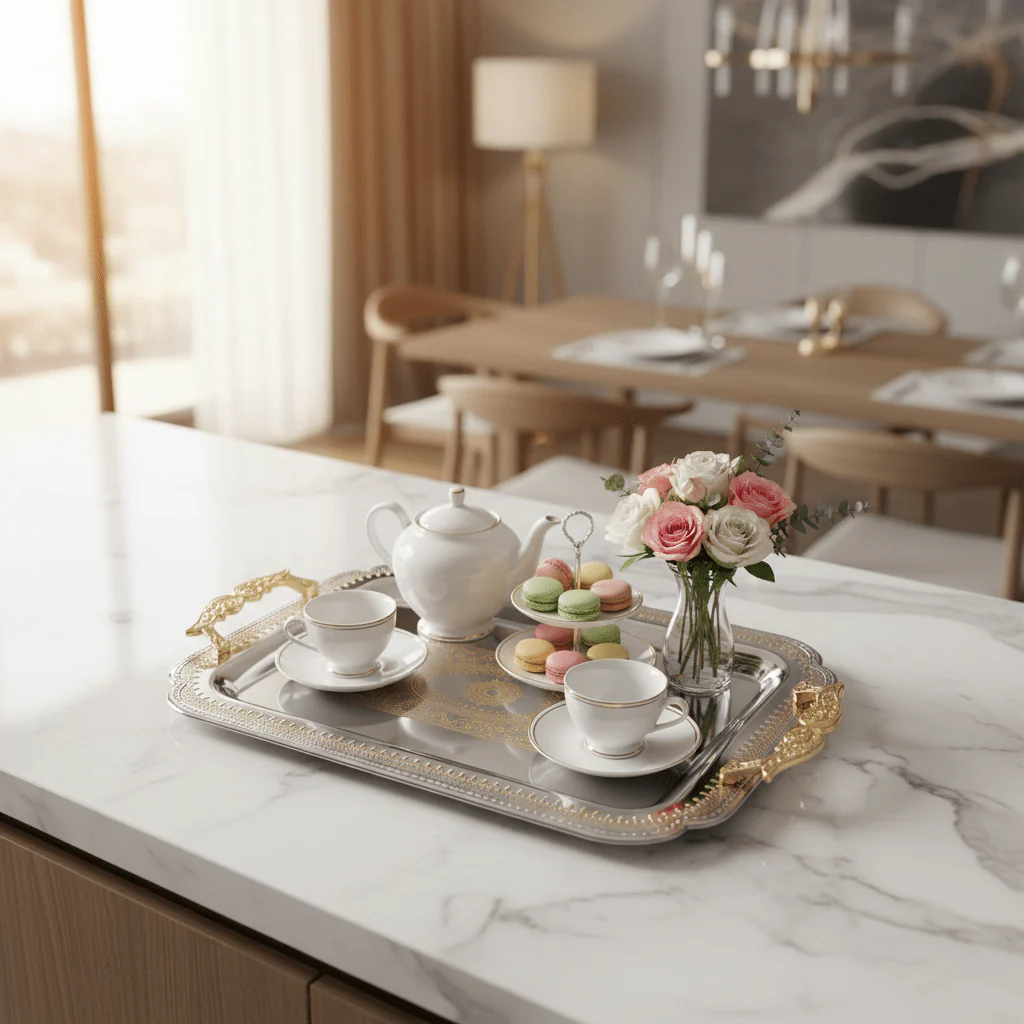 Maximan Silver & Gold Stainless Steel Serving Tray with Handles | 43.5 × 30 cm | - Image 2