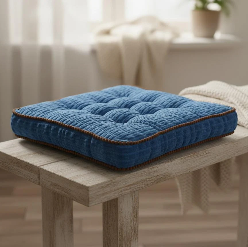 MaximHome Soft Velour Square Cushion with Brown Border Finish – Elegant Blue Decorative Cushion, 40×40×7 cm - Image 2