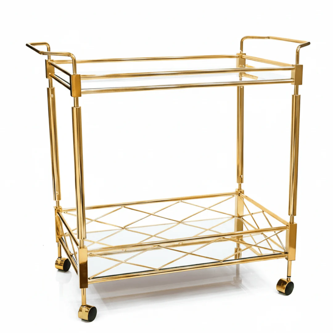 MayFlower 2-Tier Gold Metal & Glass Serving Trolley | Luxury Cart with Diamond Lattice Shelf & Caster Wheels | 70×65×40 cm |