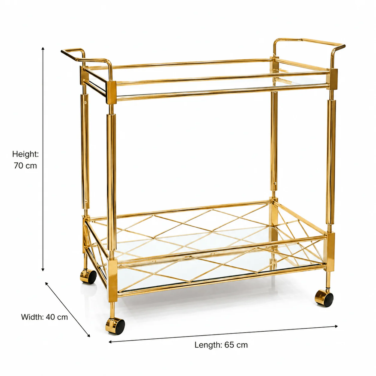 MayFlower 2-Tier Gold Metal & Glass Serving Trolley | Luxury Cart with Diamond Lattice Shelf & Caster Wheels | 70×65×40 cm | - Image 5