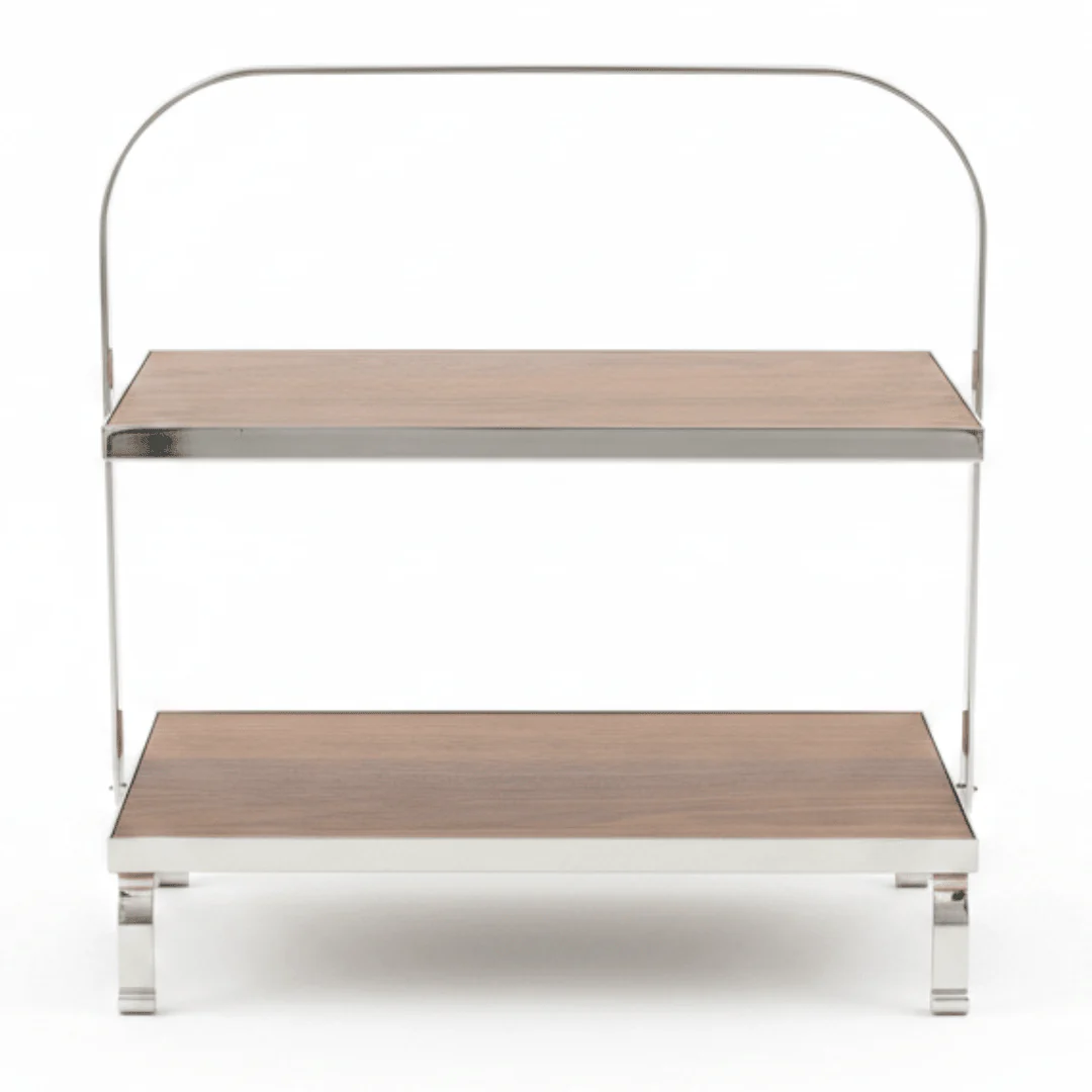 May Flower 2-Tier Rectangle Wooden Cake Stand | Silver Stainless Steel Frame | 26×15cm