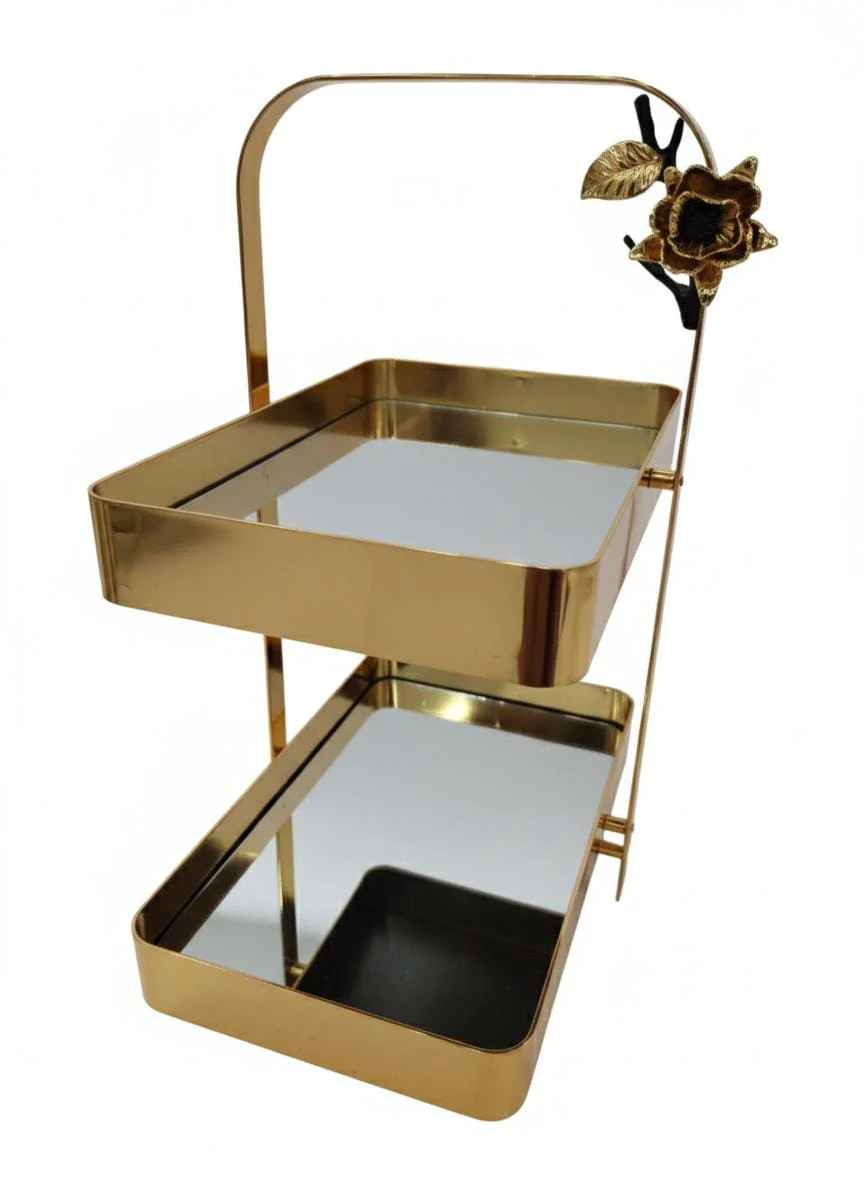 MAY FLOWER 2-Tier Rectangular Mirror Serving Tray with Gold Finish – Elegant Dessert and Snack Stand for Parties, Weddings, or Home Decoration 40x30x18 cm - Image 2