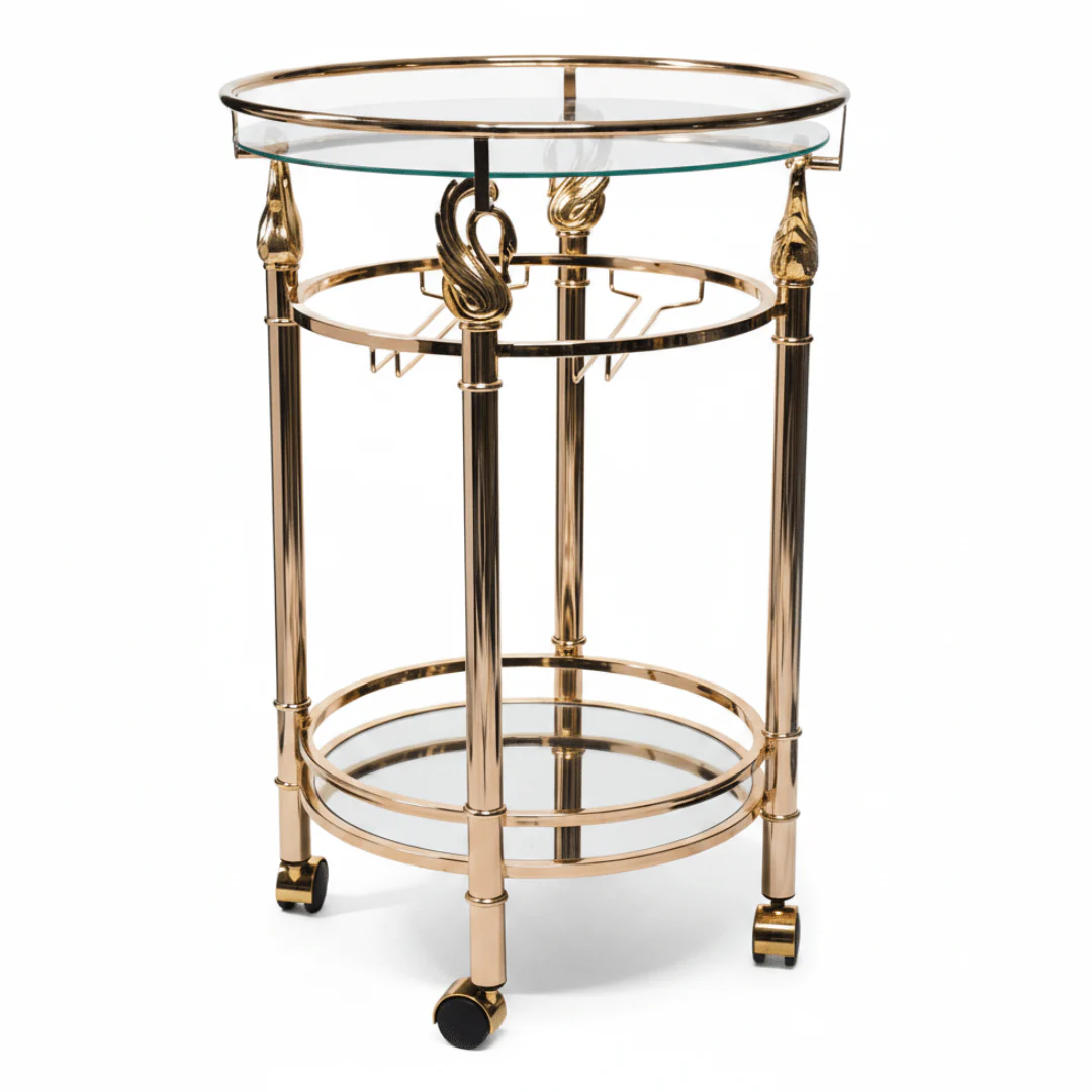 MayFlower 2-Tier Rose Gold Metal & Glass Serving Trolley with Swan Ornament | Rolling Bar Cart | Wine Glass Holder | 83*57cm |