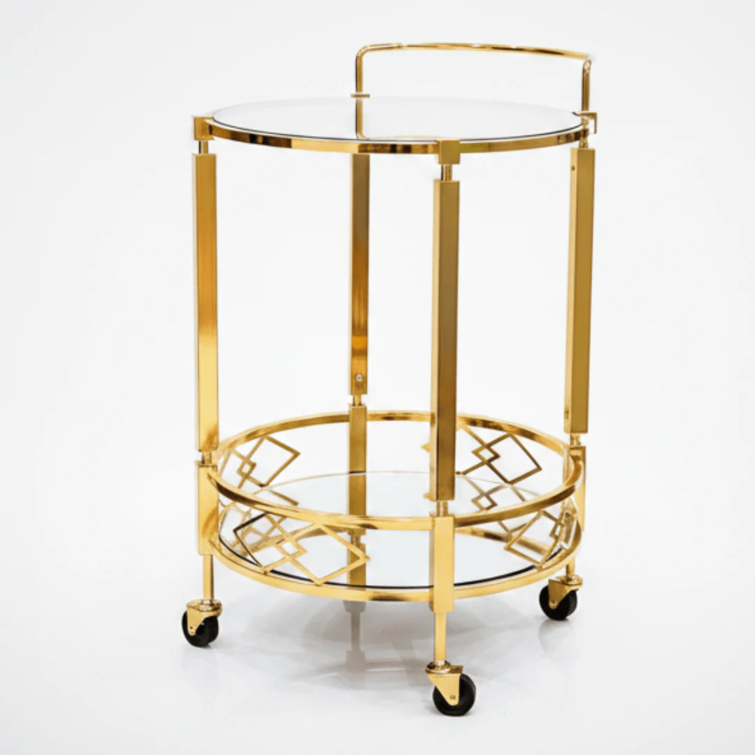 MayFlower 2-Tier Round Gold Metal & Glass Serving Trolley | Cart with Geometric Diamond Design & Swivel Caster Wheels | 67×48 cm | Luxury Home & Majlis Decor