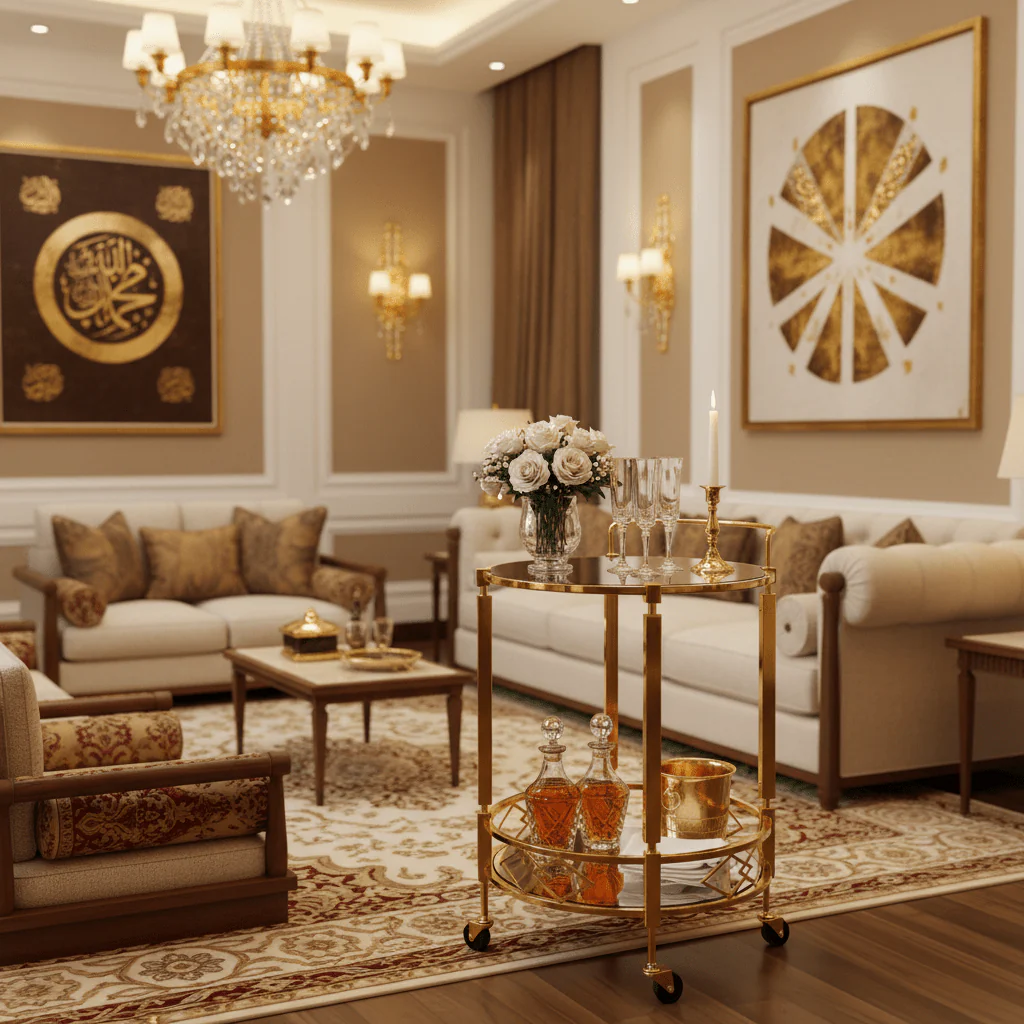MayFlower 2-Tier Round Gold Metal & Glass Serving Trolley | Cart with Geometric Diamond Design & Swivel Caster Wheels | 67×48 cm | Luxury Home & Majlis Decor - Image 2