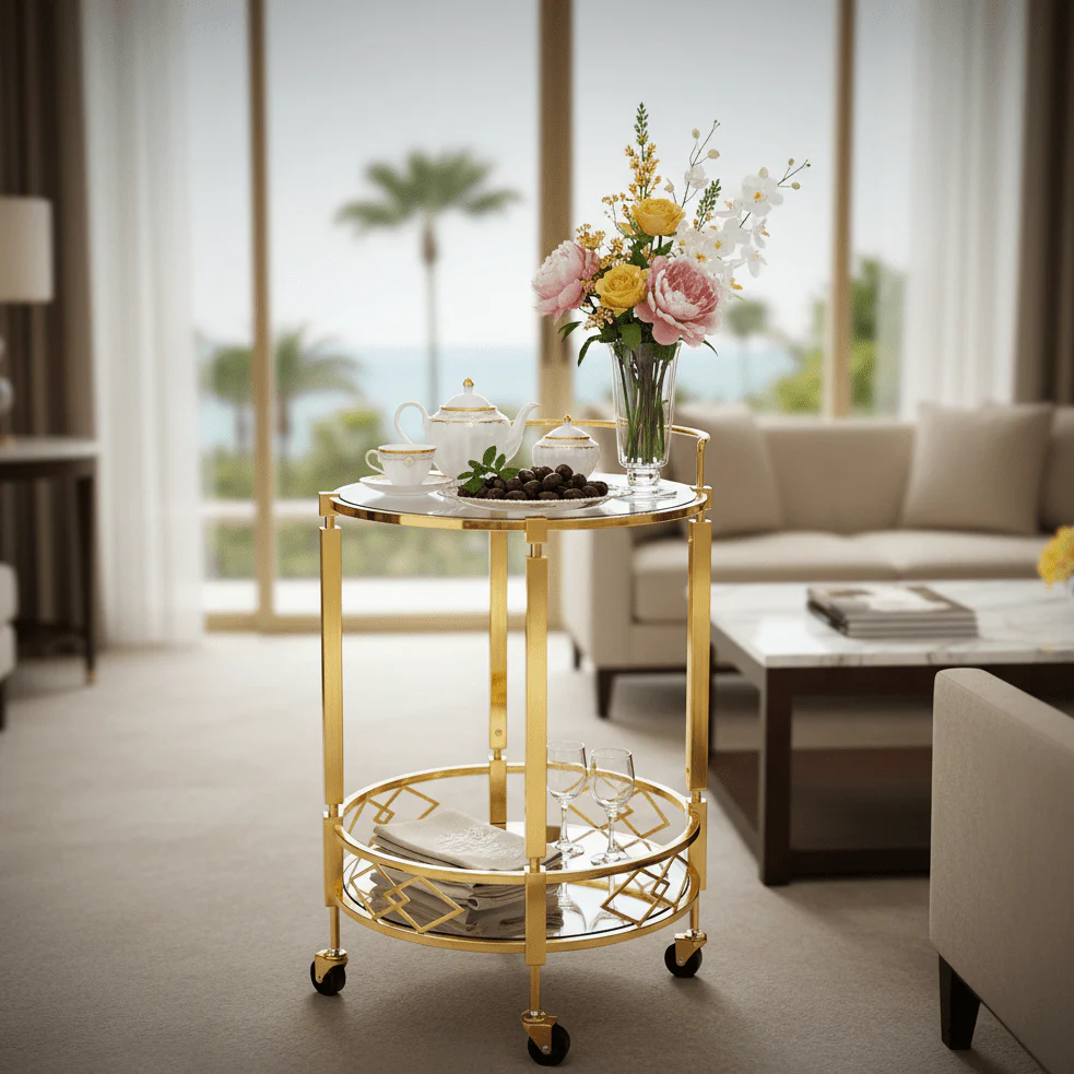 MayFlower 2-Tier Round Gold Metal & Glass Serving Trolley | Cart with Geometric Diamond Design & Swivel Caster Wheels | 67×48 cm | Luxury Home & Majlis Decor - Image 3