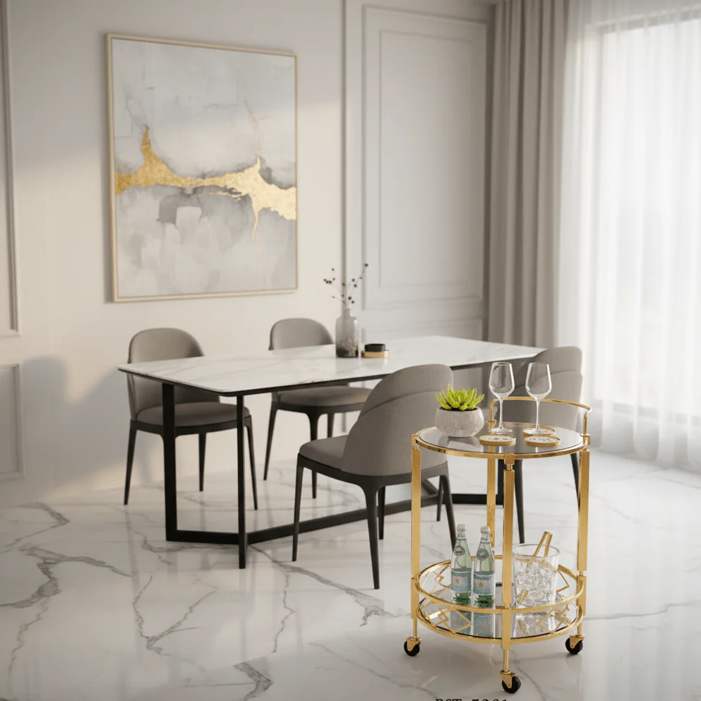 MayFlower 2-Tier Round Gold Metal & Glass Serving Trolley | Cart with Geometric Diamond Design & Swivel Caster Wheels | 67×48 cm | Luxury Home & Majlis Decor - Image 4