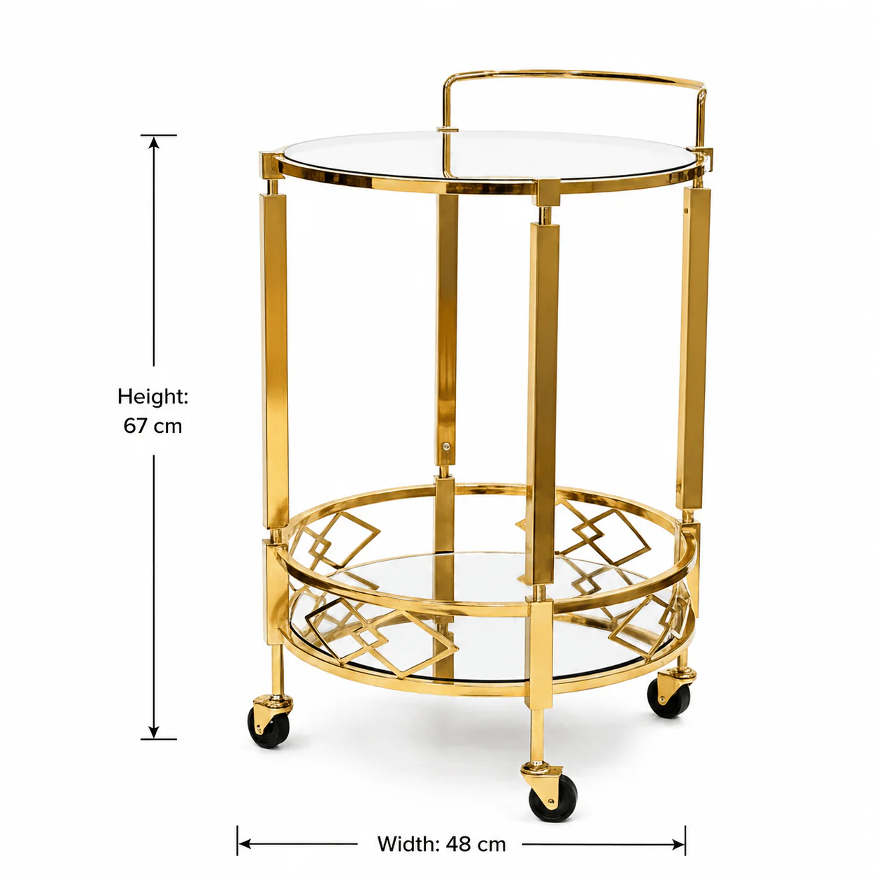 MayFlower 2-Tier Round Gold Metal & Glass Serving Trolley | Cart with Geometric Diamond Design & Swivel Caster Wheels | 67×48 cm | Luxury Home & Majlis Decor - Image 5
